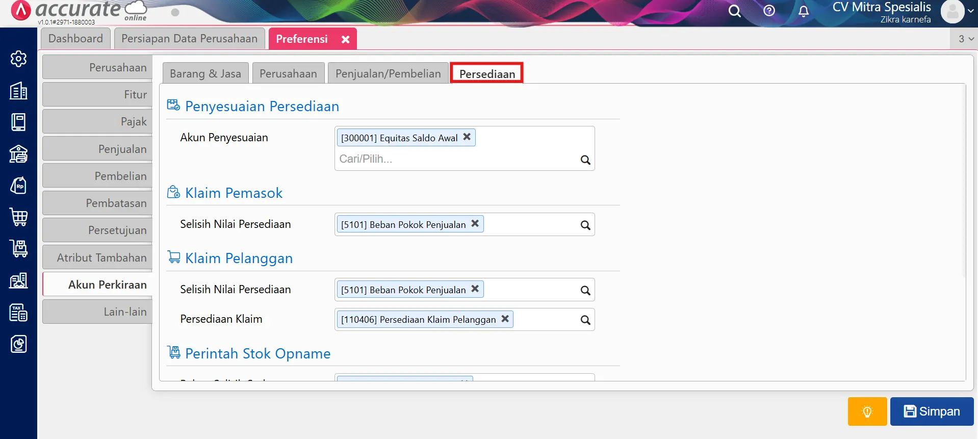 mengatur akun perkiraan lewat preferensi